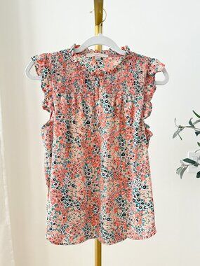 LOFT Smocked Ditsy Floral Blouse | Flutter Sleeve | Ruffle Neck | Size S